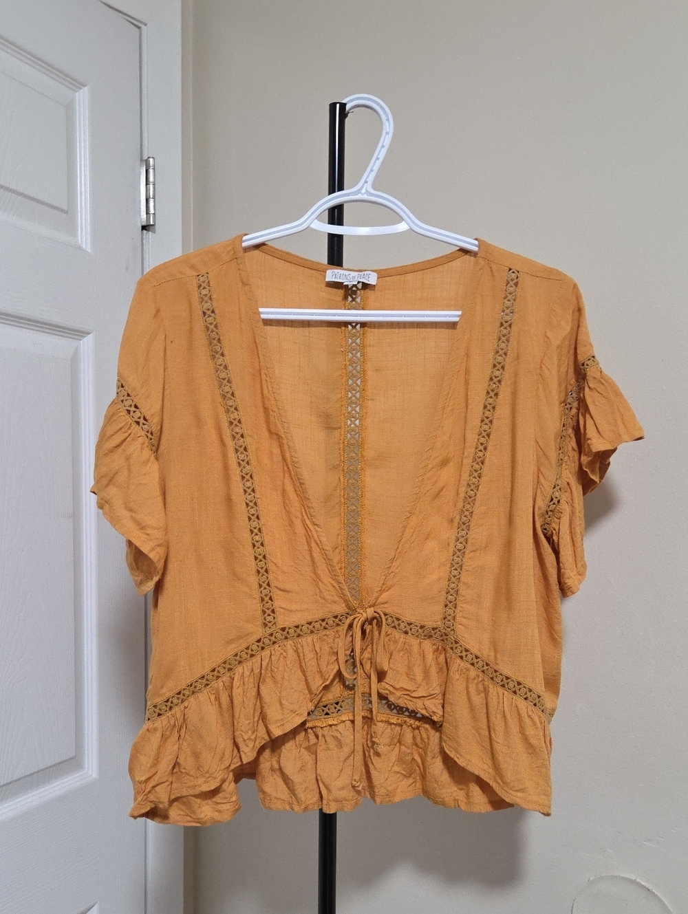 Patrons of Peace Mustard Tie-Front Ruffle Peasant Top